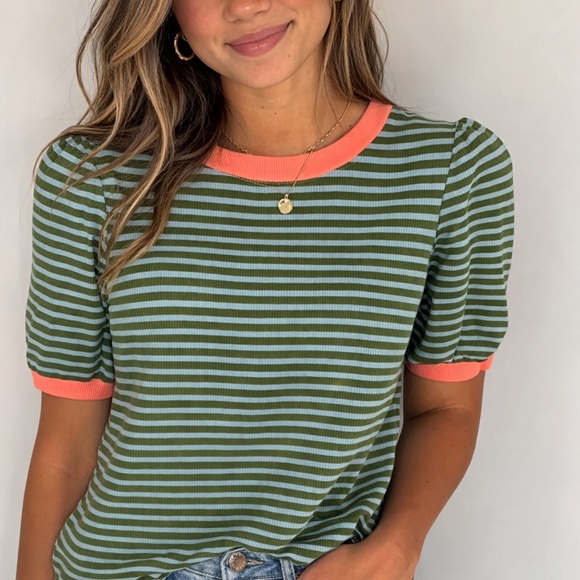 Maeve Tops - Maeve Olive Green & Light Blue Striped Tee with Coral Trim